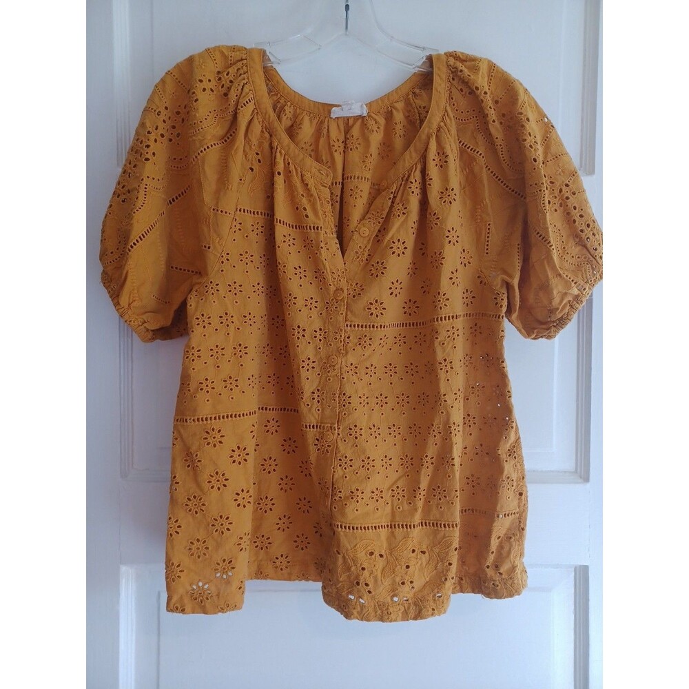 Nicole Miller Mustard Eyelet Puff Sleeve Blouse